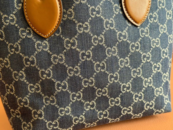 Gucci Totissima 22cm Tote Bag Blu mix Marrone Denim Pelle 248432