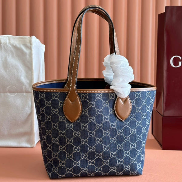 Gucci Totissima 22cm Tote Bag Blu mix Marrone Denim Pelle 248432