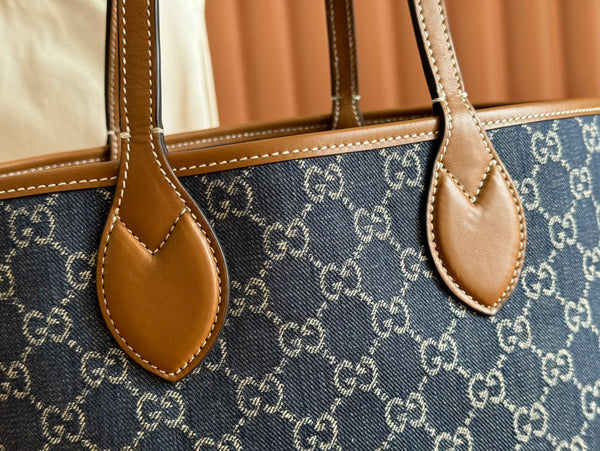Gucci Totissima 22cm Tote Bag Blu mix Marrone Denim Pelle 248432
