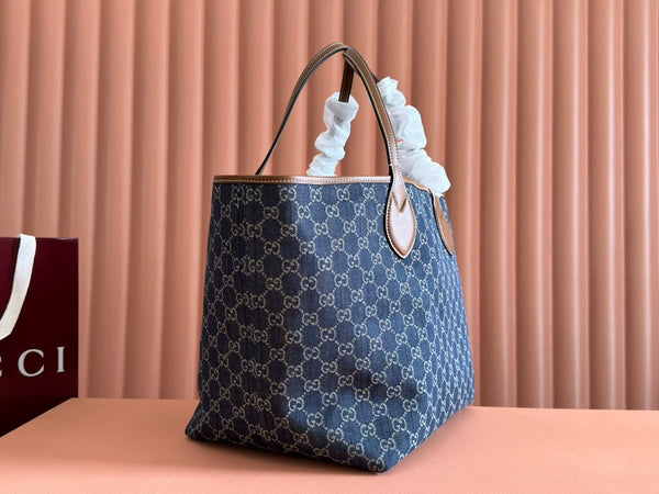 Borsa Gucci Totissima 30,5 cm in pelle blu mix marrone denim 248433
