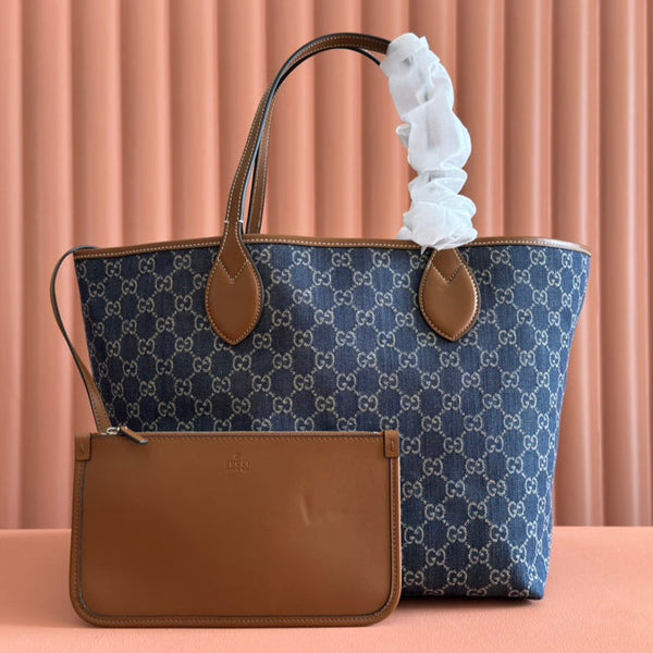 Borsa Gucci Totissima 30,5 cm in pelle blu mix marrone denim 248433