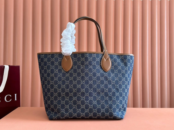 Borsa Gucci Totissima 30,5 cm in pelle blu mix marrone denim 248433