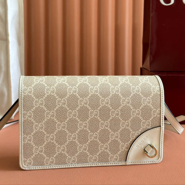 Gucci Emblem Mini Shoulder Bag Beige Canvas Leather 244542