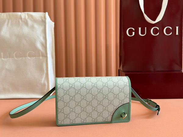 Gucci Emblem Mini Shoulder Bag Beige Green Canvas Leather 244543