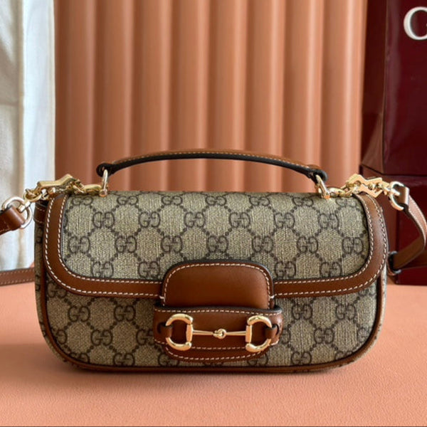 Borsa Gucci Horsebit 1995 in tela di vitello beige mix marrone