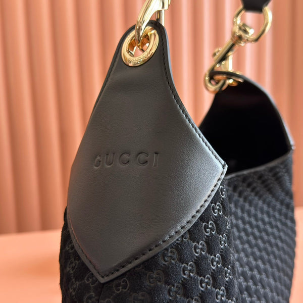 Gucci Body Double Lock Handbag Black Velvet Embossed Leather 248133