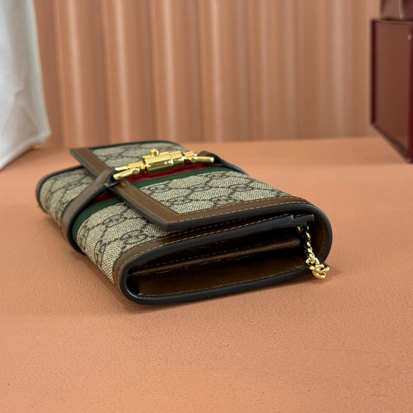 Gucci Jackie Chain Wallet Ebony Brown Canvas Leather 255174