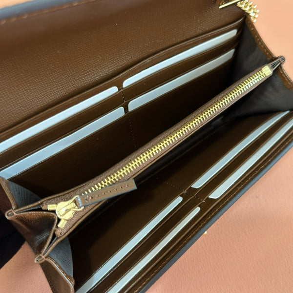 Gucci Jackie Chain Wallet Ebony Brown Canvas Leather 255174