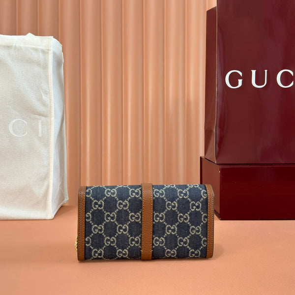 Portafoglio Gucci Jackie Chain in tela e pelle blu marrone 255173