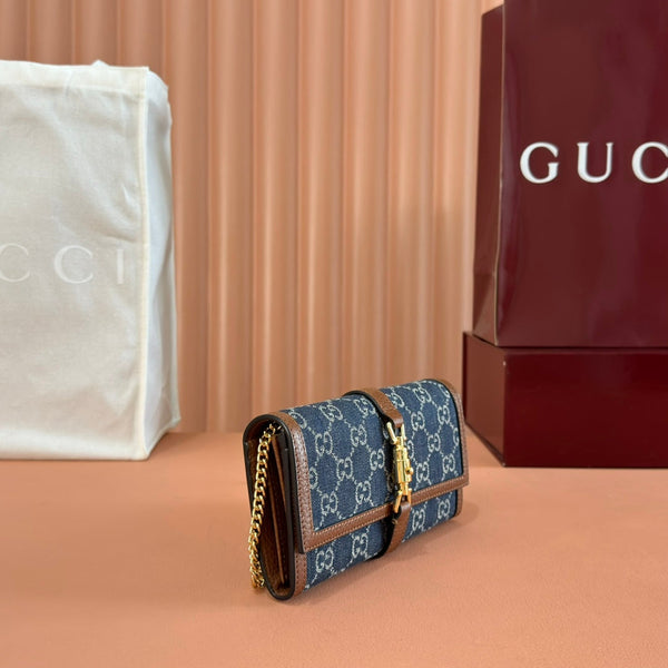 Portafoglio Gucci Jackie Chain in tela e pelle blu marrone 255173