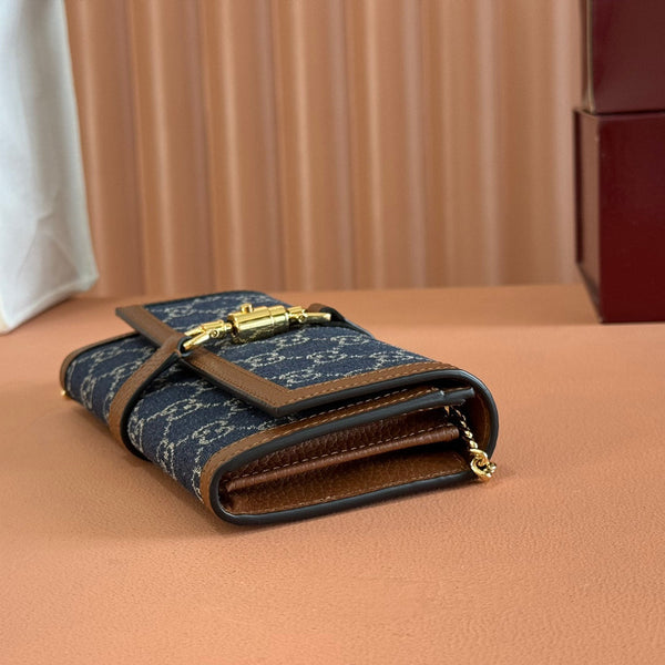 Portafoglio Gucci Jackie Chain in tela e pelle blu marrone 255173