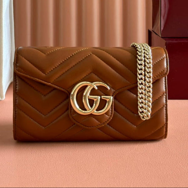 Gucci Marmont Chain Wallet Brown Cowhide 254969