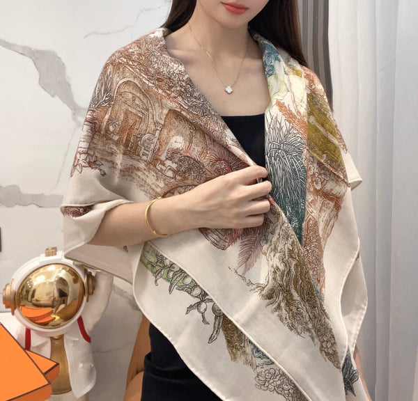 Scarf 140 CM Brown Colorful Cashmere And Silk  394551