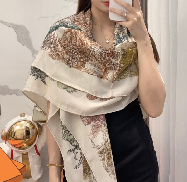 Scarf 140 CM Brown Colorful Cashmere And Silk  394551