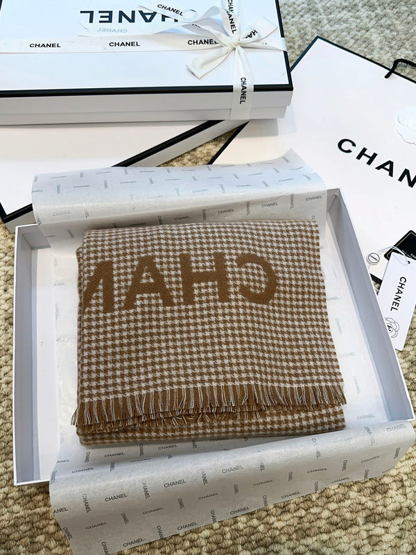 SCIARPA PIED DE POULE 185 CM IN CASHMERE MARRONE CAMMELLO 393124