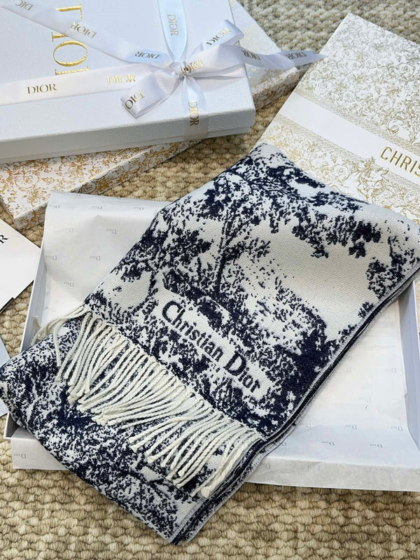 SCIARPA 220 CM IN CASHMERE E LANA MIX BLU NAVY MONOGRAM BIANCO 413656