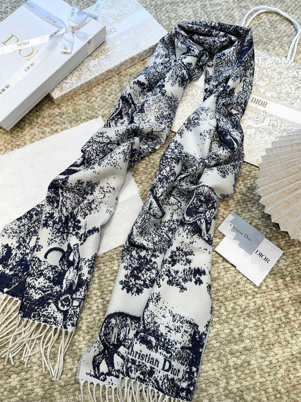 SCIARPA 220 CM IN CASHMERE E LANA MIX BLU NAVY MONOGRAM BIANCO 413656