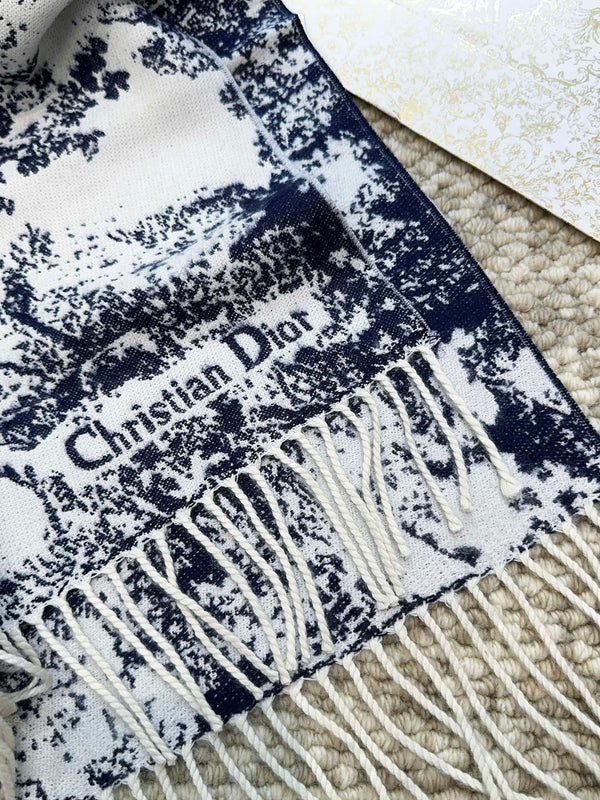 SCIARPA 220 CM IN CASHMERE E LANA MIX BLU NAVY MONOGRAM BIANCO 413656