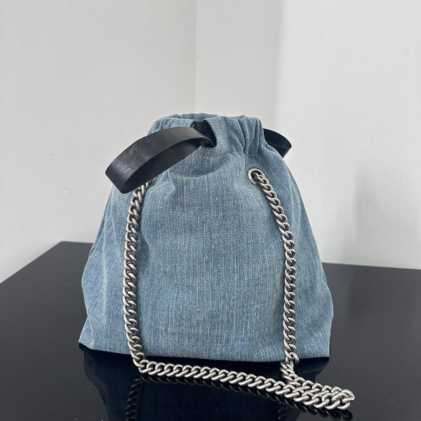 CRUSH SMALL TOTE BAG 26 IN BLUE WASHED DENIM SILVER HARDWARE