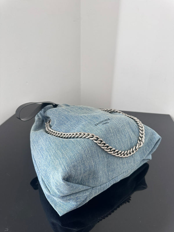 CRUSH SMALL TOTE BAG 26 IN BLUE WASHED DENIM SILVER HARDWARE