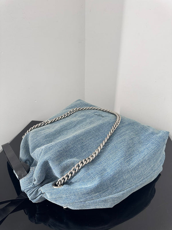 CRUSH LARGE TOTE BAG 46 IN BLUE WASHED DENIM SILVER HARDWARE