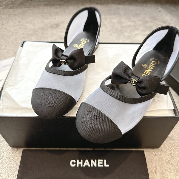 CC 25b Fall-Winter Mary Janes 15mm White Black Mesh & Grosgrain 415779