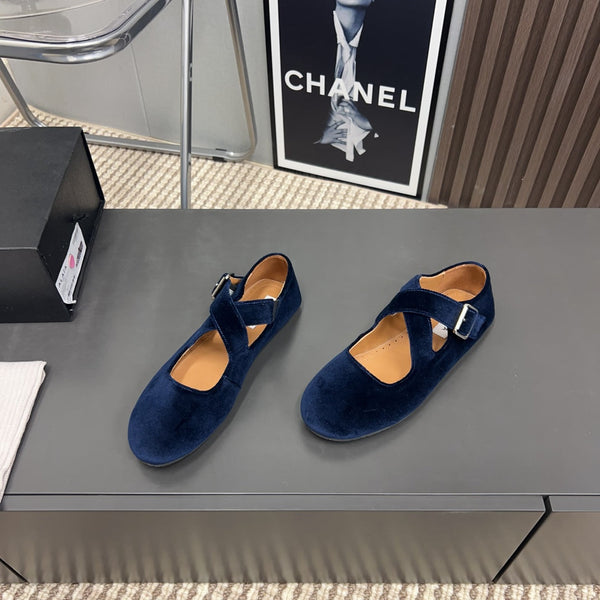 Alaila Criss Cross Ballet Flats In Deep Blue Velvet 996043