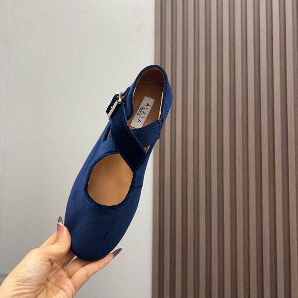 Alaila Criss Cross Ballet Flats In Deep Blue Velvet 996043