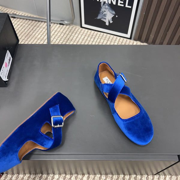Alaila Criss Cross Ballet Flats In Blue Velvet 996045