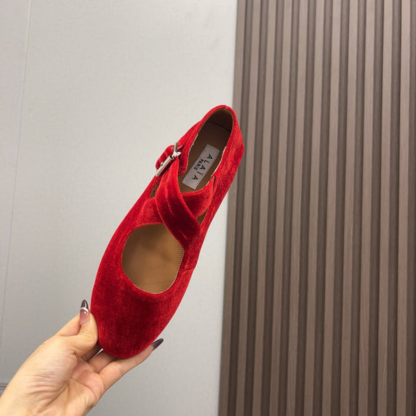 Alaila Criss Cross Ballet Flats In Red Velvet 996049