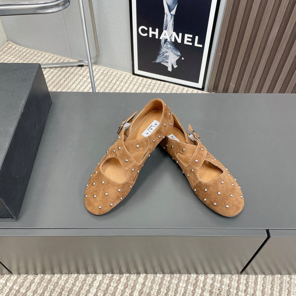 Alaia 2025 Criss Cross With Stud Ballet Flats Brown Beige Suede 293207