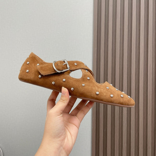 Alaia 2025 Criss Cross With Stud Ballet Flats Brown Beige Suede 293207