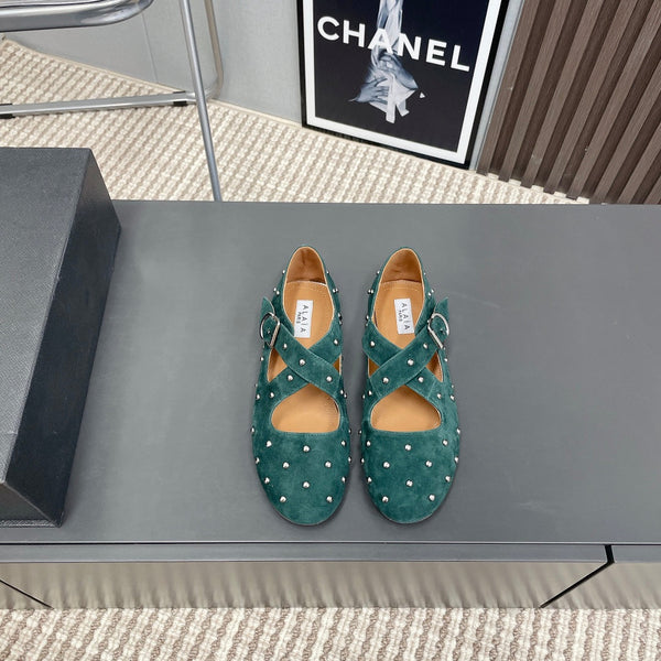 Alaia 2025 Criss Cross With Stud Ballet Flats Emerald Green Suede 293208