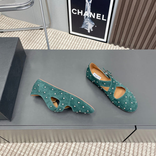 Alaia 2025 Criss Cross With Stud Ballet Flats Emerald Green Suede 293208
