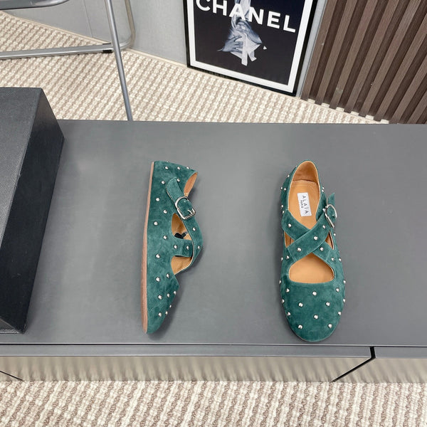 Alaia 2025 Criss Cross With Stud Ballet Flats Emerald Green Suede 293208