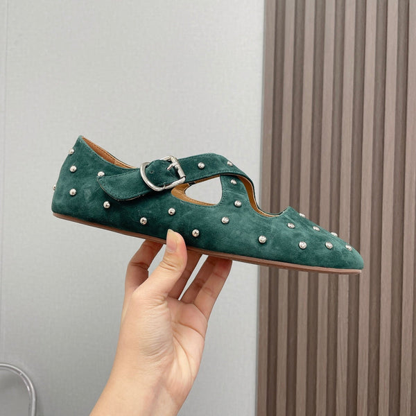 Alaia 2025 Criss Cross With Stud Ballet Flats Emerald Green Suede 293208