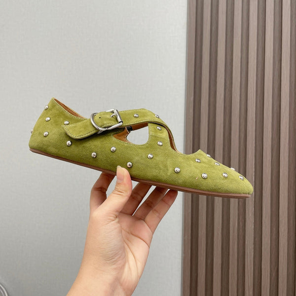 Alaia 2025 Criss Cross con borchie Ballerine in camoscio verde avocado 293209