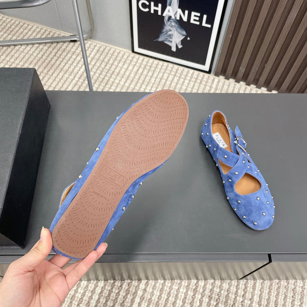 Alaia 2025 Criss Cross With Stud Ballet Flats Royal Blue Suede 293211