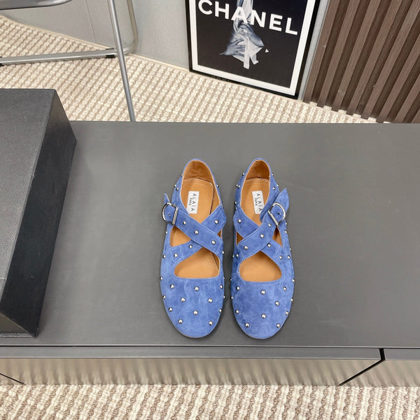 Alaia 2025 Criss Cross With Stud Ballet Flats Royal Blue Suede 293211