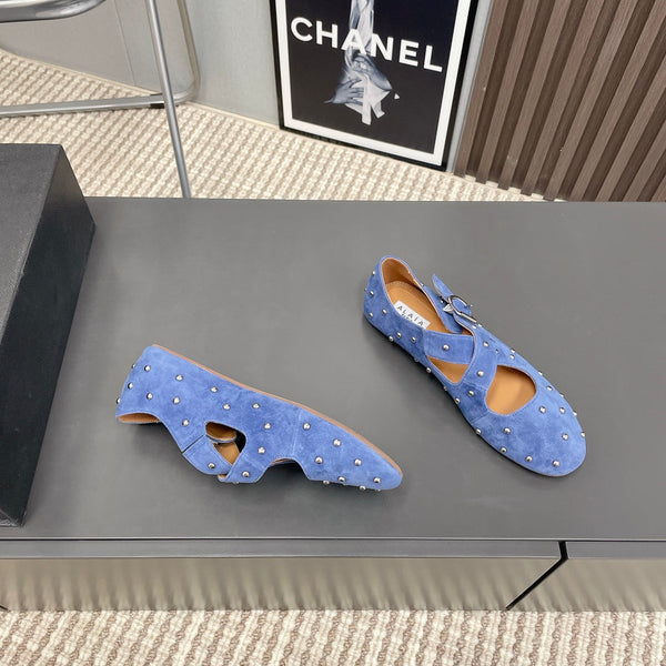 Alaia 2025 Criss Cross With Stud Ballet Flats Royal Blue Suede 293211