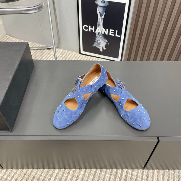 Alaia 2025 Criss Cross With Stud Ballet Flats Royal Blue Suede 293211