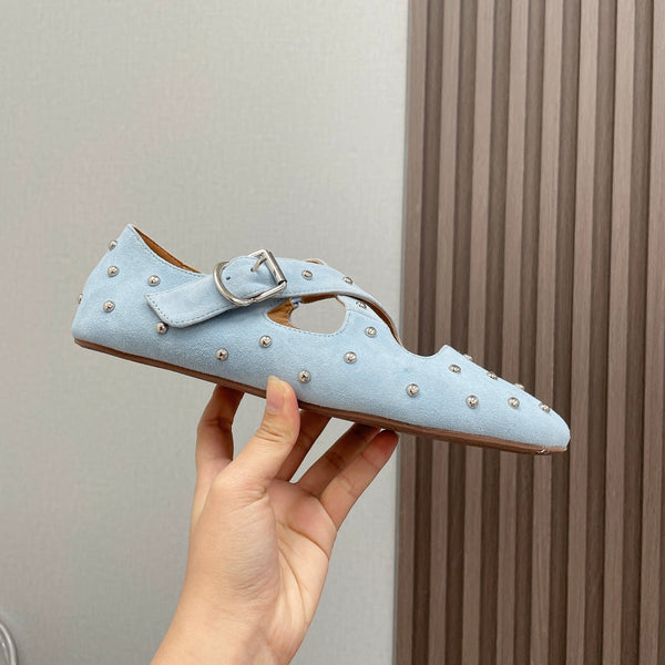 Alaia 2025 Criss Cross With Stud Ballet Flats Light Blue Suede 293212