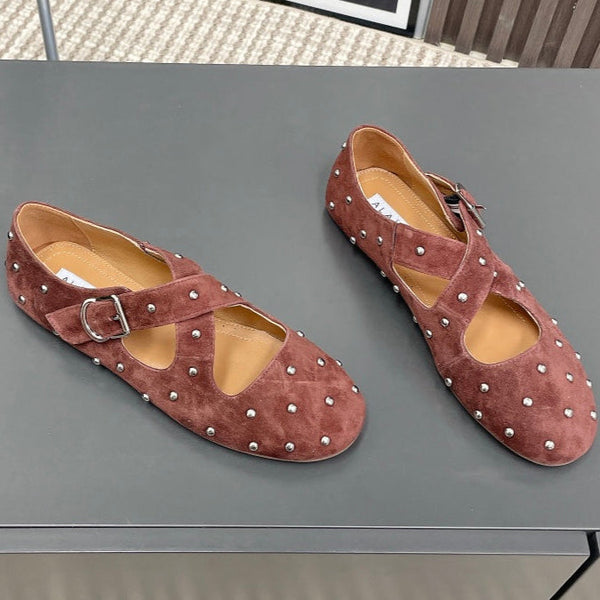 Alaia 2025 Criss Cross With Stud Ballet Flats Brown Suede 293213