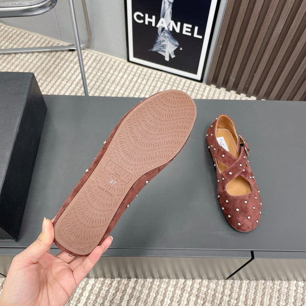 Alaia 2025 Criss Cross With Stud Ballet Flats Brown Suede 293213