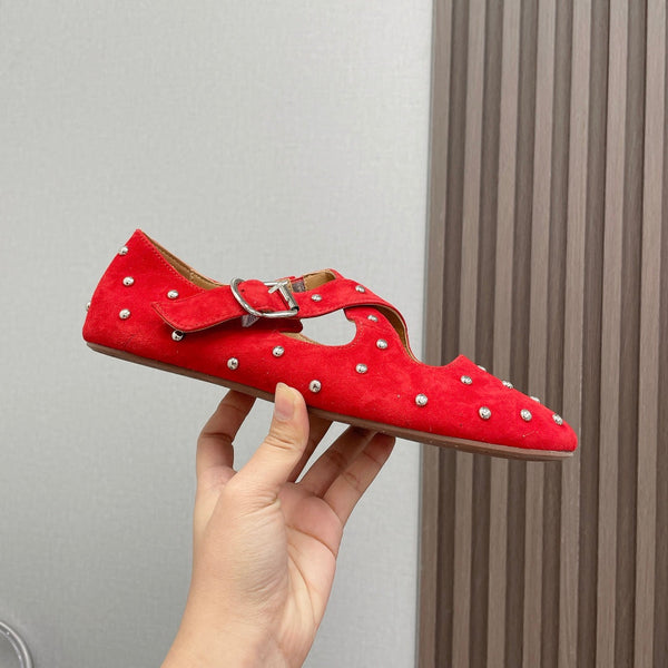 Alaia 2025 Criss Cross With Stud Ballet Flats Red Suede 293214