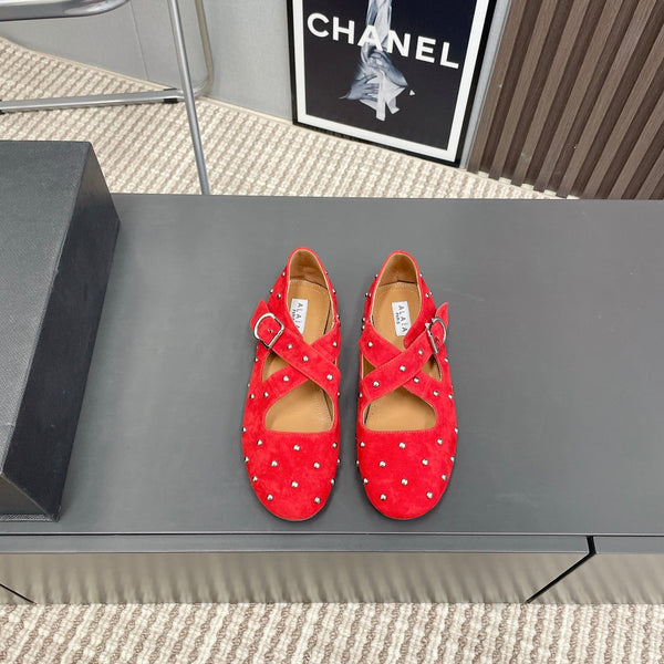 Alaia 2025 Criss Cross With Stud Ballet Flats Red Suede 293214