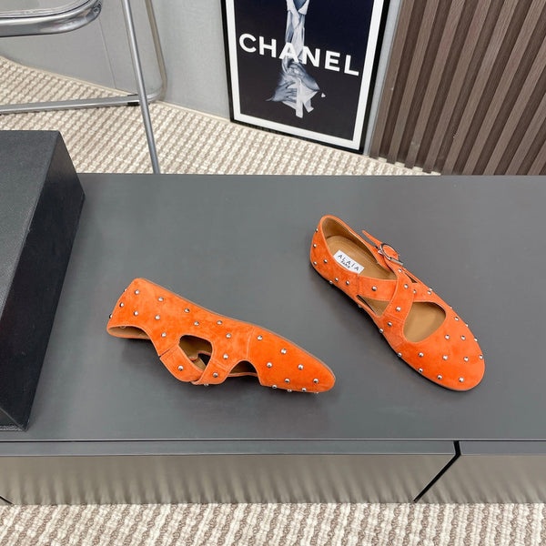 Alaia 2025 Criss Cross With Stud Ballet Flats Orange Suede 293215