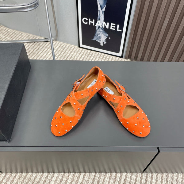 Alaia 2025 Criss Cross With Stud Ballet Flats Orange Suede 293215
