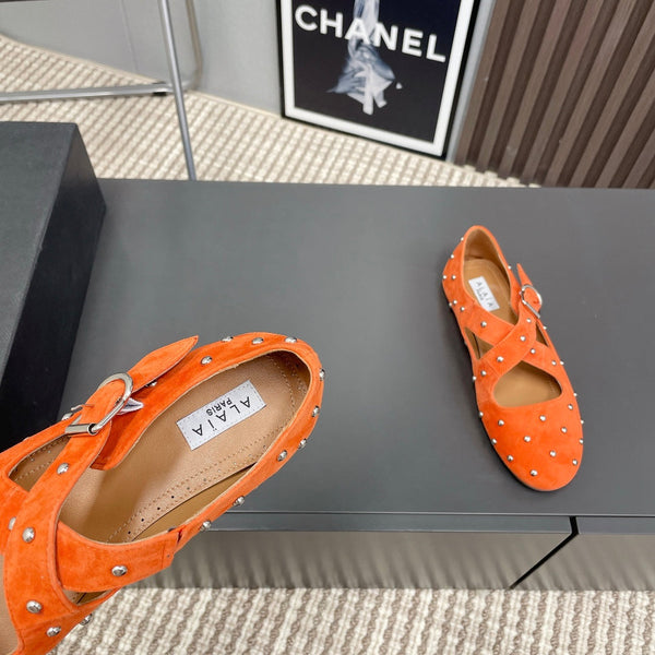 Alaia 2025 Criss Cross With Stud Ballet Flats Orange Suede 293215