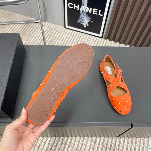 Alaia 2025 Criss Cross With Stud Ballet Flats Orange Suede 293215
